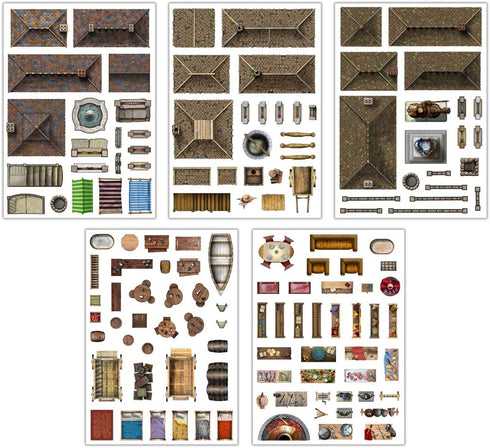 Loke BattleMats RPG Accessories Scenery - Town Trimmings with 100+ Reusable Static Clings, Medieval