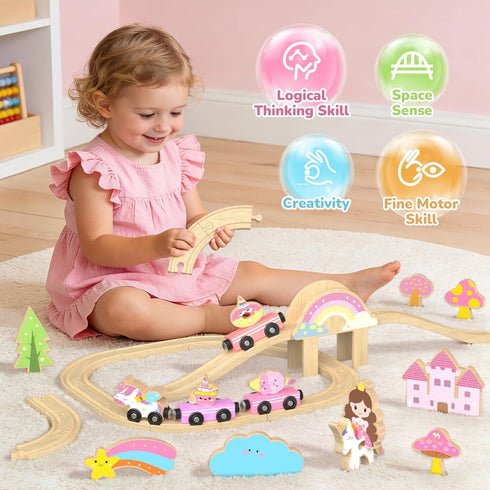 Set 2-4 38 3-5 Unicorn Wooden Train for Toddler Girls Ages Magical Fairy Pcs Toddler Girl Toys with Railway Track