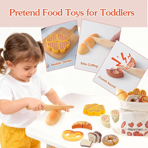 Set,Children Wooden Play Food Toys for Toddler,Kids Baking Cutting Game Kitchen Bakery Pretend Play,Early Educational