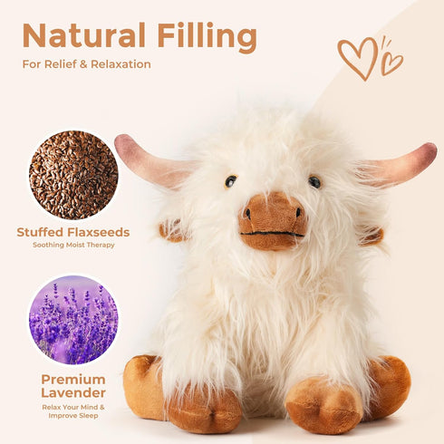 LURKOMEMO White Highland Cow Microwavable Weighted Stuffed Animals,Lavender Scented Heating Pad for Period