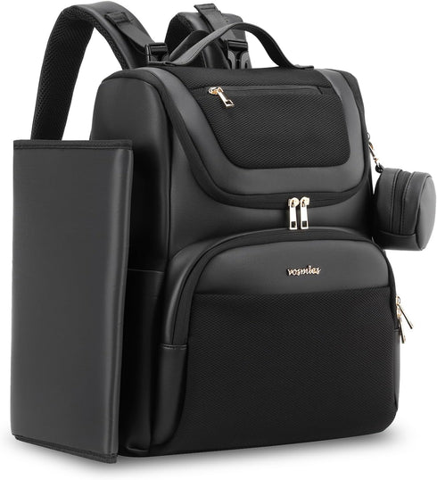 vosmles Large Leather Diaper Bag Backpack, Baby Travel Bag with Changing Pad, Insulated