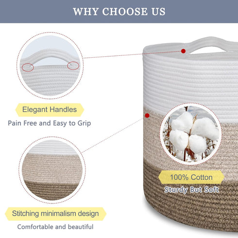 Extra Large Blanket Basket 87L - Cotton Rope Laundry Basket for Baby Nursery, Large Clothes Basket, White & Brown