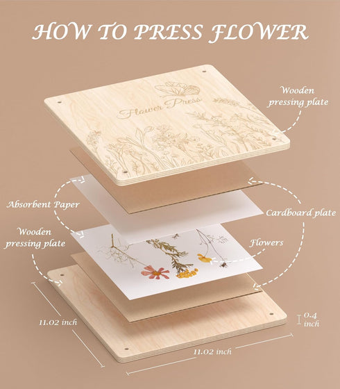 11" 11" Wakhow Flower Press Kit x Large Wooden Flower Presser for Adults & Teens | DIY Bouquet Preservation & Dried