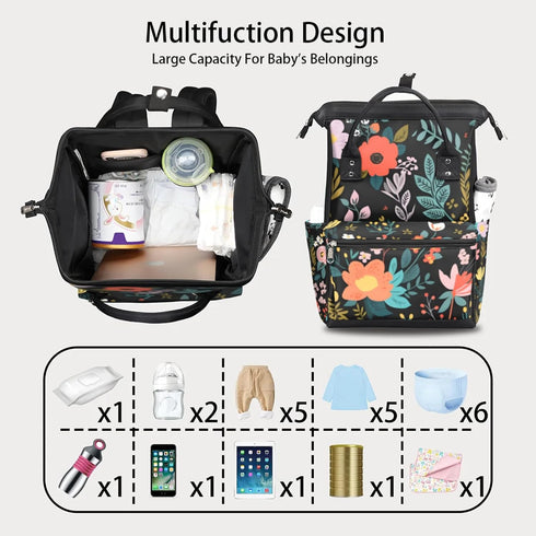 Hsnar Backpack Floral Patterned Print Waterproof Diaper Bag Large Capacity Baby Bag with Stroller Straps, Multi-Pocket