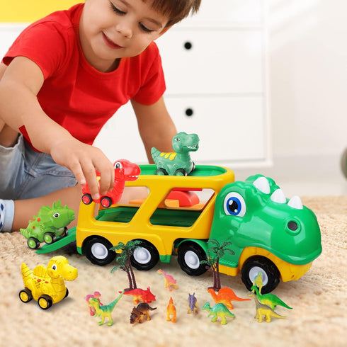 TOY Life Toddler Car Toy - Dinosaur Transport Carrier Truck with 4 Pull Back Dinosaur Cars for Ages 1+