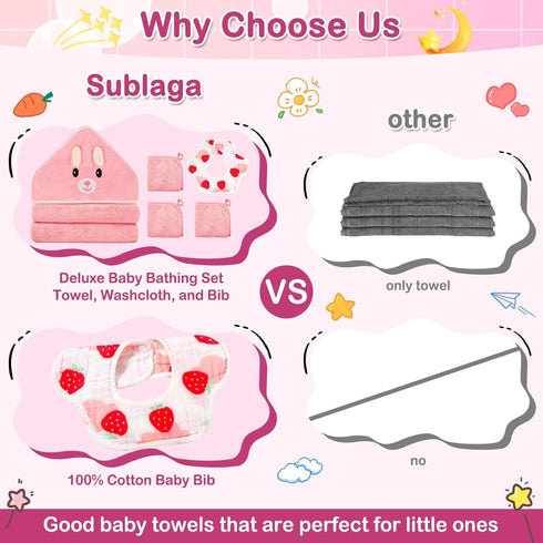 Sublaga 5 Set, 32x32 3 Set Pcs Baby Towels in Hooded Bath Towel, Pcs Baby Washcloths and Muslin Baby Bibs for Newborns