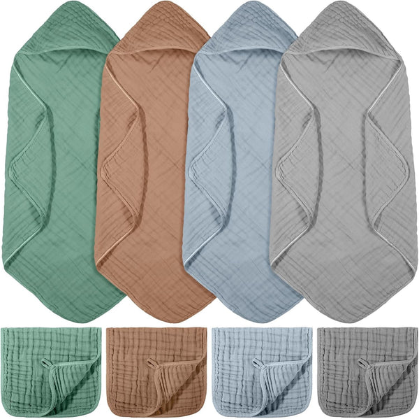 VitalCozy 8 Pcs Baby Muslin Hooded Bath Towels and Washcloths Muslin Cotton