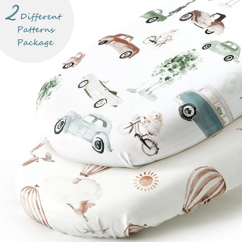 GRSSDER Stretchy Ultra Soft Fitted Bassinet Sheet Set 2 Pack, Universal Fitted for Bassinets Baby Cradle Moses Basket Oval Rectangle Mattress Safe and Snug, Neutral Pattern of Cars Print by GRSSDER
