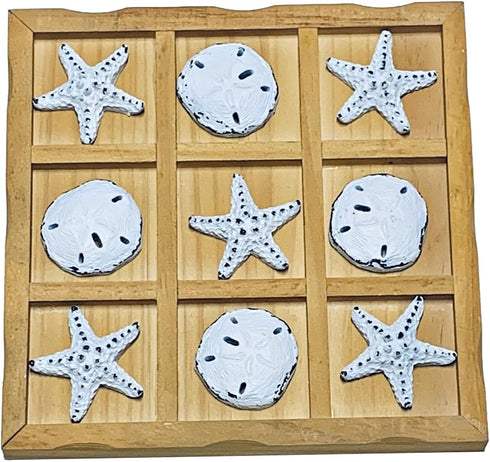 Wooden Tic Tac Toe Game with Sand Dollars and Starfish - Beach Decor Board Game for Family Gatherings, 9 x 9 inch, 14+