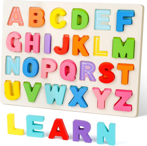 AMOR PRESENT Alphabet Wooden Puzzles, Wooden Shape Puzzles for Kids, Montessori Toddler Puzzles for Boys Girls 3+