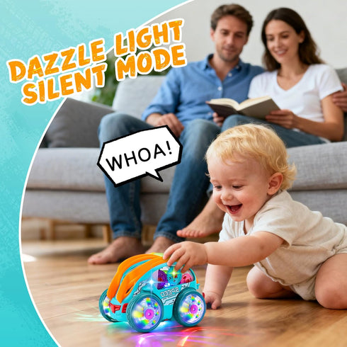 360 1 2 3 4 Light Up Transparent Sensory Car Toy - Standing Rotation Roll Stunt Car, Bump and Go Toy Cars with Colorful