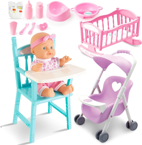 deAO Baby Doll Set Play Set Includes Miniature Crib,Mobile High Chair Stroller,12PCS