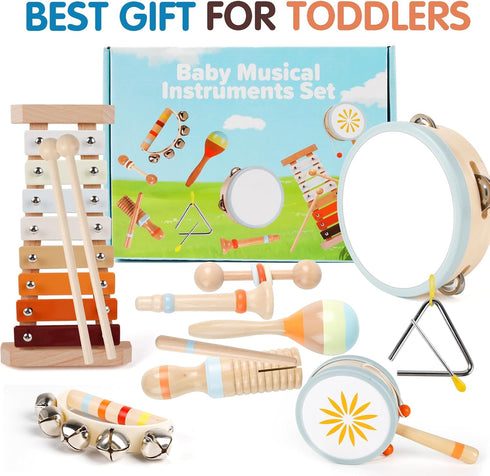 Set, 9PCS 1, 2, 3 Wooden Toddler Musical Instruments Kids Montessori Toys, Baby Toys with Xylophone & Drum, Educational