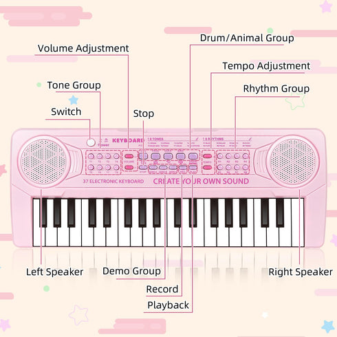 37 3 4 5 6, M SANMERSEN Kids Piano Keyboard, Keys Music Keyboard Piano Toys with Microphone, Portable Dual Speaker