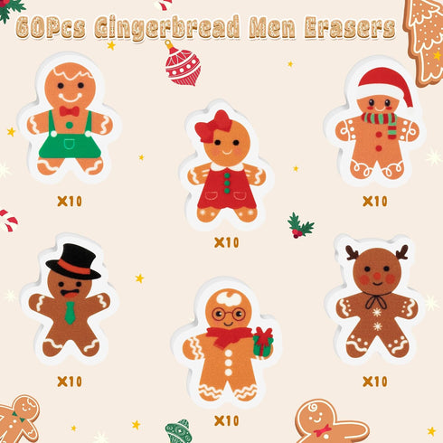 Haooryx 60Pcs Mini Gingerbread Men Erasers, Bulk Novelty Pencil Erasers, 3D Desk Puzzle Erasers for Classroom Rewards