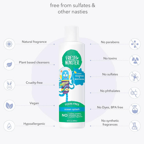 Fresh Monster 2-in-1 Kids Shampoo & Body Wash, Toxin-Free, Natural for Kids, Ocean Splash (8.5oz)