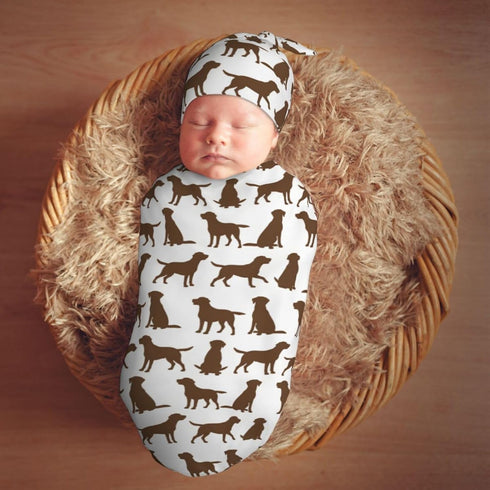 Sets Brown Labrador Retriever Dog Newborn Swaddle Blankets Hat Soft Baby Receiving Blanket Swaddle Sack for Baby Shower