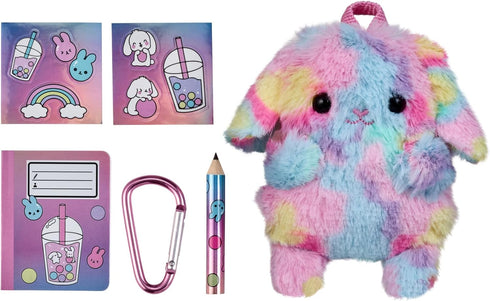 REAL LITTLES Plushie Pet Backpacks, Soft Fluffy Animal Micro Backpack with 4 Real Working Micro Stationery Surprises