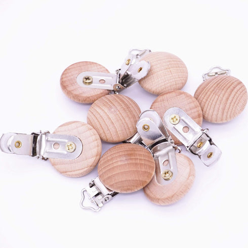 10Pcs 30mm (1.18") Natural Wood Pacifier Holder Round Beech Metal Teether Wooden Beads Suspender Clips DIY Accessories