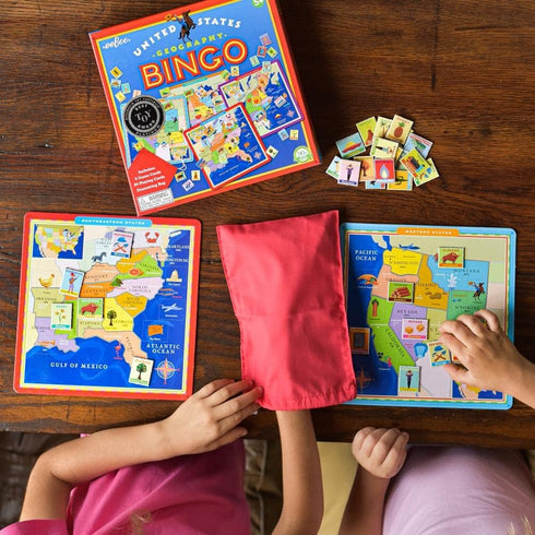 eeBoo United States Geography Bingo Game - 2 to 6 Players, 6 Game Cards, 84 Playing Cards, Drawstring Bag