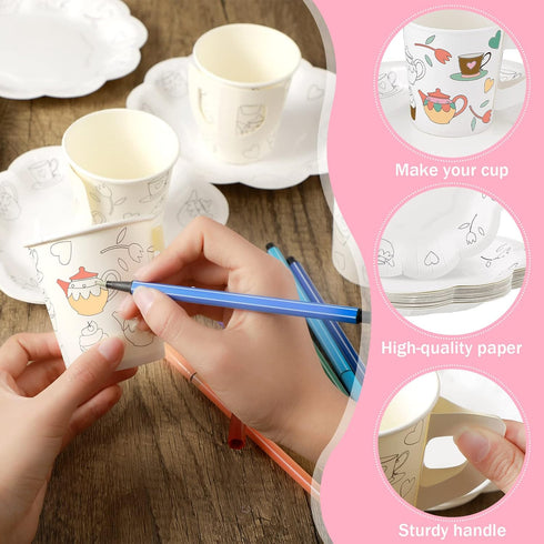 36 Set Nuenen Color Your Own Tea Party Paper Cups with Handles Disposable Tea Cups and Saucers Plates DIY Coloring