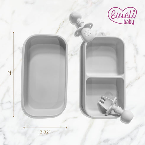 Silicone Baby Suction Travel Plate with Training Utensils, 4 Piece Set with Plastic Cover for Baby-Led Weaning