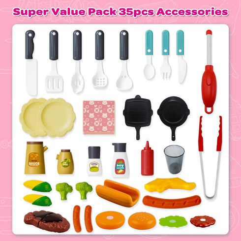 Set, Playset AuroTops Pink Kitchen Toy Kids Grill with Smoke, Sound & Light, Little Chef Play,Cooking Interactive Toys