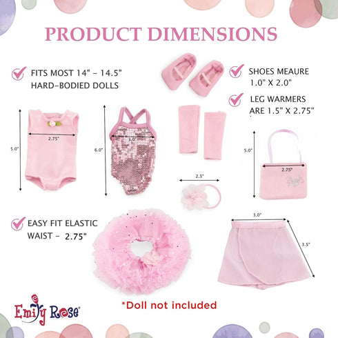 14 Inch 9-PC 14" Emily Rose Fashion Doll Clothes Ballet Essentials Bundle with Ballerina Practice Outfit & Sparkly