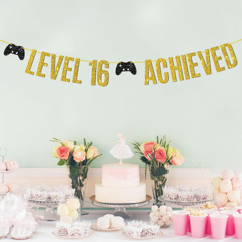 Game on Level 16 Unlocked Banner, Glittery Hanging Sign for 16th Birthday Party Decorations