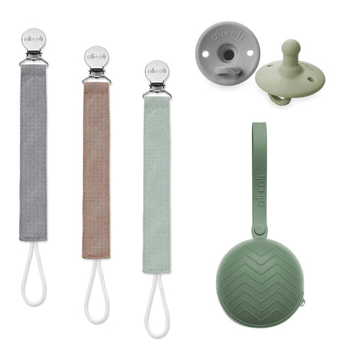 Ali+Oli Complete Pacifier Bundle: Green Silicone Case, Linen Pacifier Clips, and Green/Grey