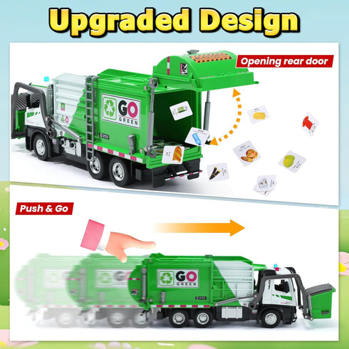 12'' Set 4 HOLYFUN Electric Garbage Truck with Front Loader/Metal Cab, Friction-Powered Recycling Vehicle