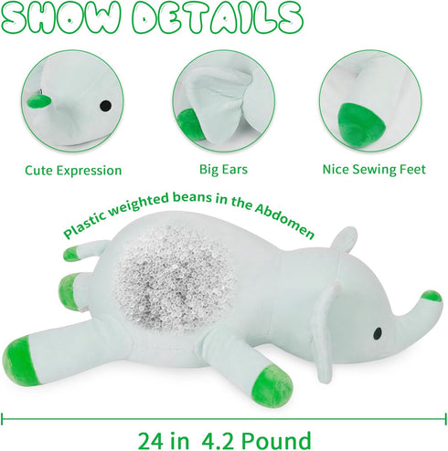 24in Weighted Elephant Stuffed Animal, 4.2Lb Plushie Throw Pillow for Adults, Boys, and Girls (Green)