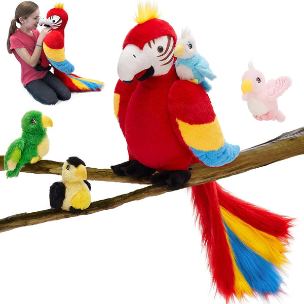 Tezituor Macaw Parrot Stuffed Animals with Babies, 18'' Mommy Stuffed Parrot Plush