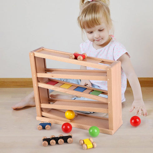 Qilay Wooden Race Track Car Ramp Racer Toy for Toddlers, 5 Level Race Car Ramp Set with 4 Wood Cars and 3 Balls, Great