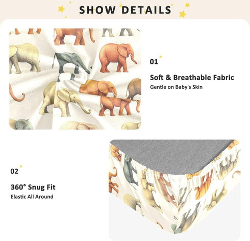 Mazeann 52" 28" 9" Vintage Elephant Crib Sheets Soft Breathable Fitted Cotton Baby Crib Sheets Mattress Cover for Girl