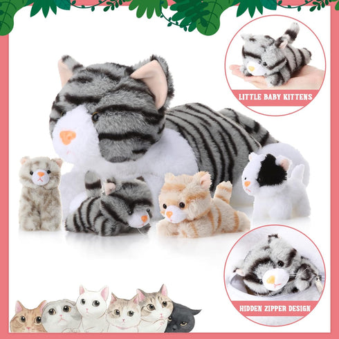 5 Mommy 4 Skylety Pieces Cat Stuffed Animal with Babies Inside Belly Plush Cat Pregnant Kitty with Cute Fluffy Stuffed