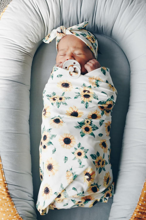 Set, (0-6 Sunflower Swaddle and Headband Handmade Stretchy Soft Cotton m Headband, Sunflower)