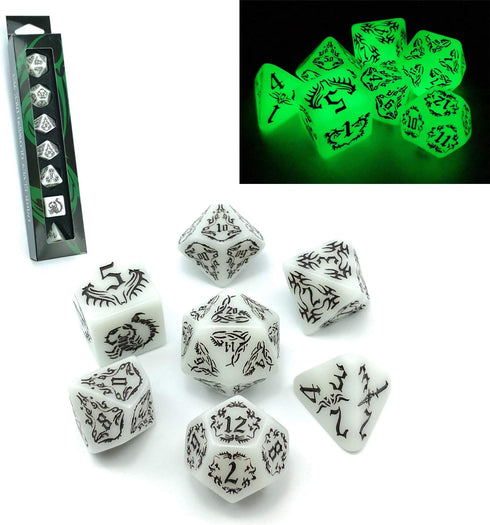 BESCON DARK ELVES Glowing Dice Set (7 piece), Oversized GLOW in DARK Carved RPG Dice Set