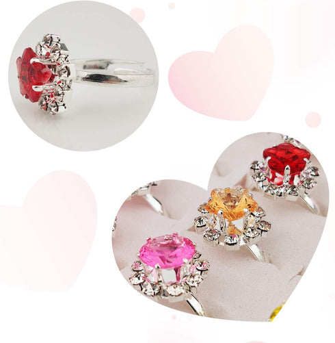 36pcs Adjustable Rhinestone Gem Rings Set for Little Girls with Heart Shape Display Case, Jewelry Rings