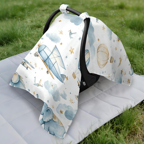 Dalzium Airplanes Blue Elephants and Balloons Car Seat Cover Baby, Carseat Canopy Cover for Girl Boy, Breathable Baby