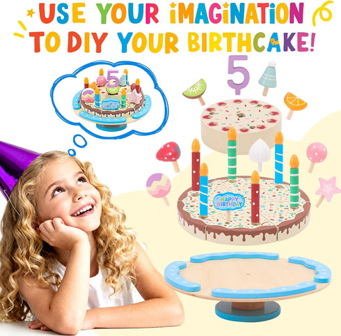 Set HAPGFS Wooden Birthday Cake Toy for Kids, Realistic Birthday Cake with Candles and Fruits for Pretend Play, Wooden