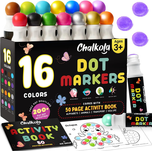 Chalkola 16 Washable Dot Markers for Toddlers | w/ 50 Page Coloring