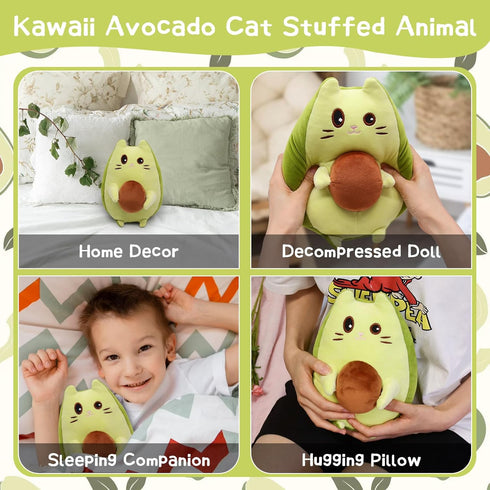 Cat Stuffed Animal Avocado Pillow Plush, Cute Kawaii Green Avocado Cat Plush Toy for Kids