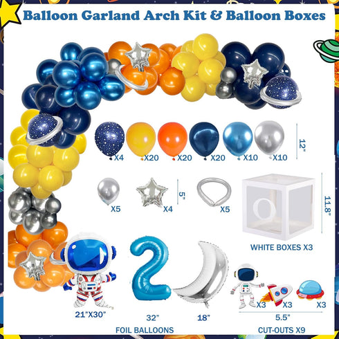 Fiesec 130 Two the Moon Birthday Boy PCs Outer Space Second Birthday Party Supplies with Backdrop, Cake Topper