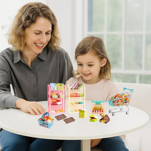 196Pcs 4 Packaging Dollhouse Miniature Store Grocery Accessories Mini Shopping Cart Basket Three-Layer Shelves