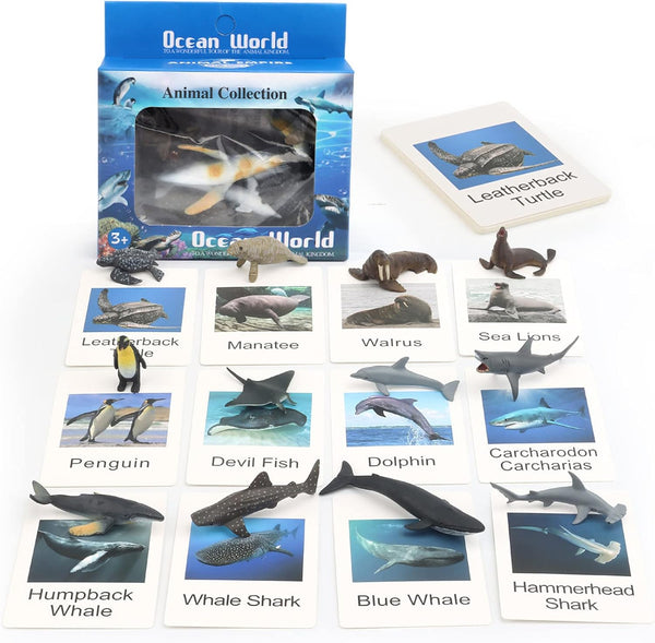 Small Montessori Animal Figures with Flash Cards, Realistic Figurines Toys, Educational Matching Game for Kids