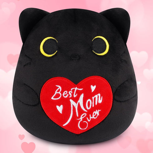Black Cat Plush,Mother's Day Stuffed Animal with Heart and Best Mom Ever,Gifts