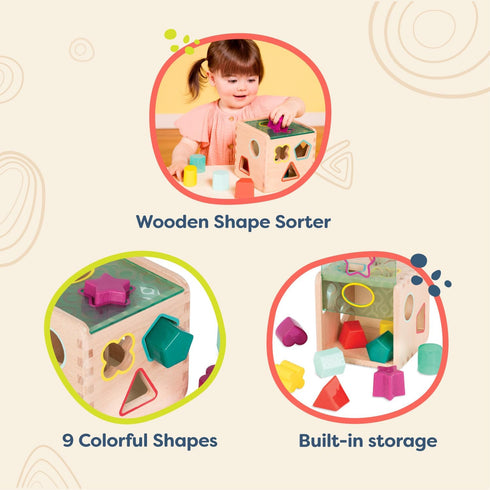 B. toys Wonder Cube, Developmental Toy Wooden Shape Sorter for Toddlers, Kids 18 Months +