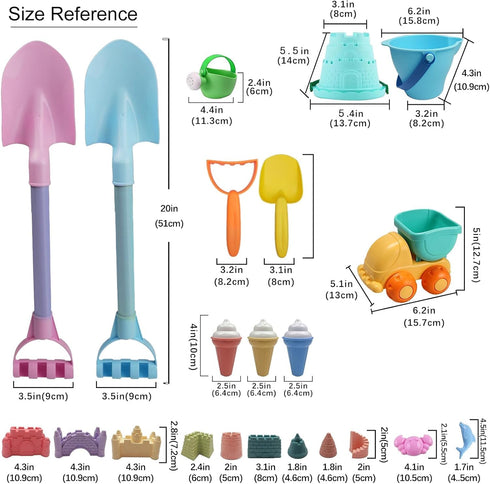 Set 1and (15 3+ IOKUKI Long Shovels Sand Toys with Mesh Bag Including Dump Truck, Beach Buckets, Shovels, Rakes, Molds