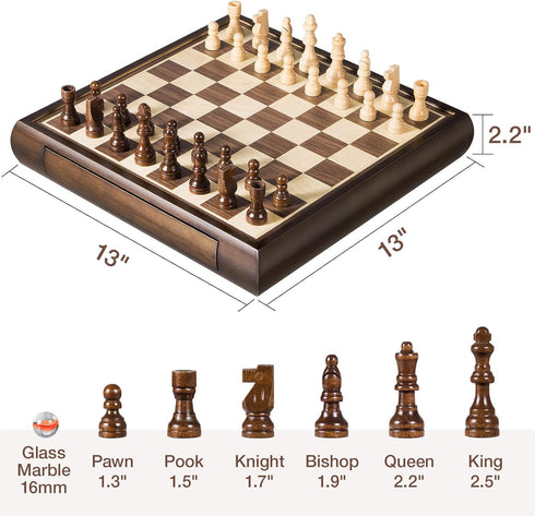 2 1 Set 13" 60 12 2 ELONGDI in Magnetic Chess & Chinese Checkers Wooden Board Game with Storage Drawer and Glass
